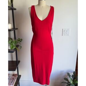 Felicity And Coco Venisia Fitted BodyCon V-neck Midi Dress-Red-Zip Back-Size Med